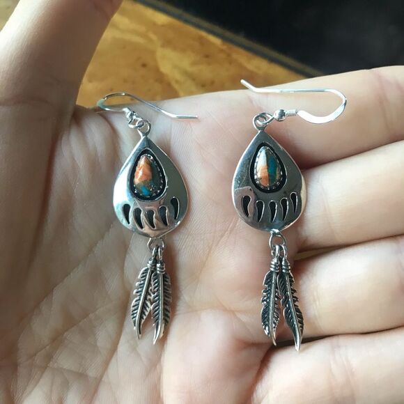 Spiny Oyster Turquoise Sterling Silver Bear Claw Feather Dangle Earrings - Picture 4 of 5
